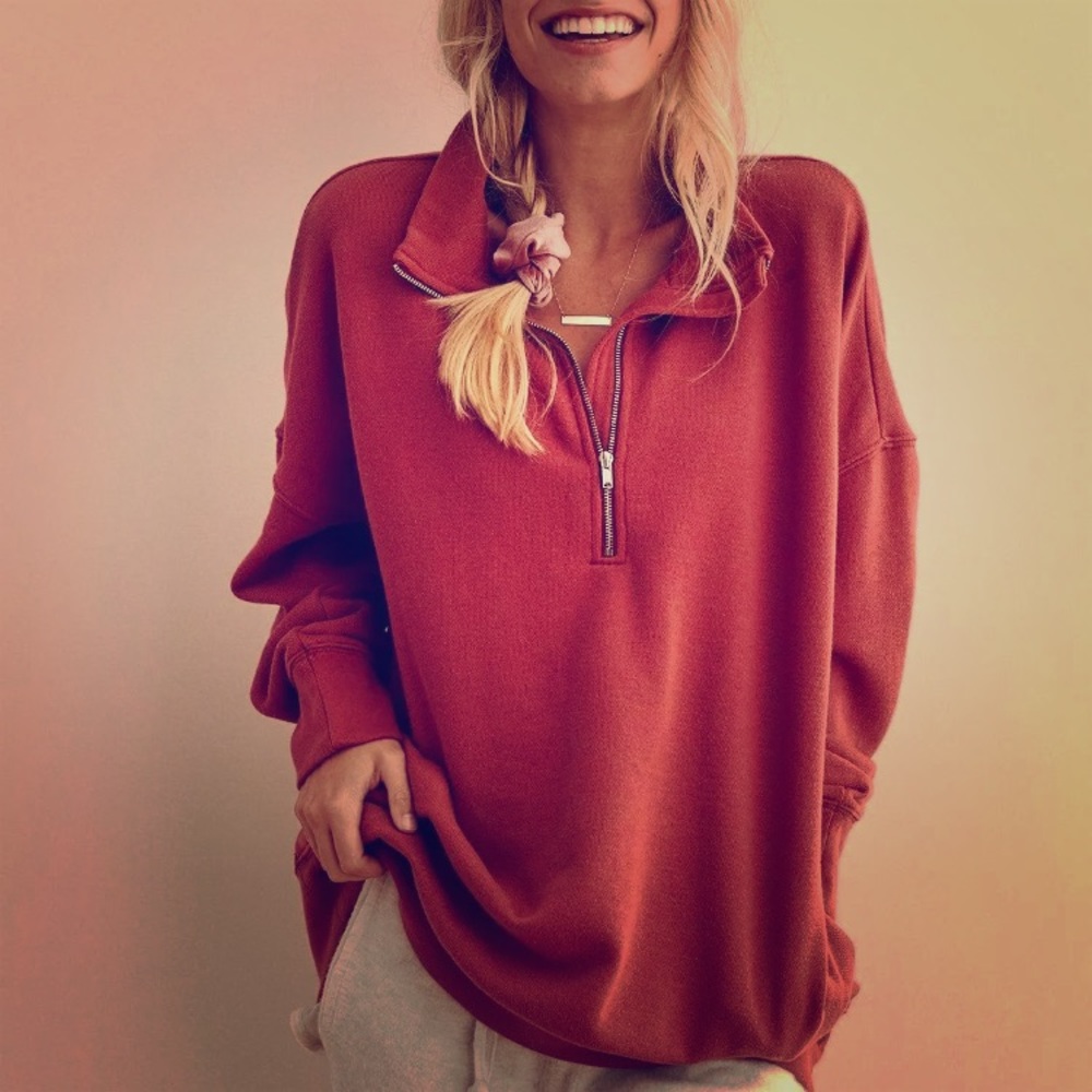AERIE QUARTER ZIP TUNIC SWEATSHIRT Rust Burgundy S
